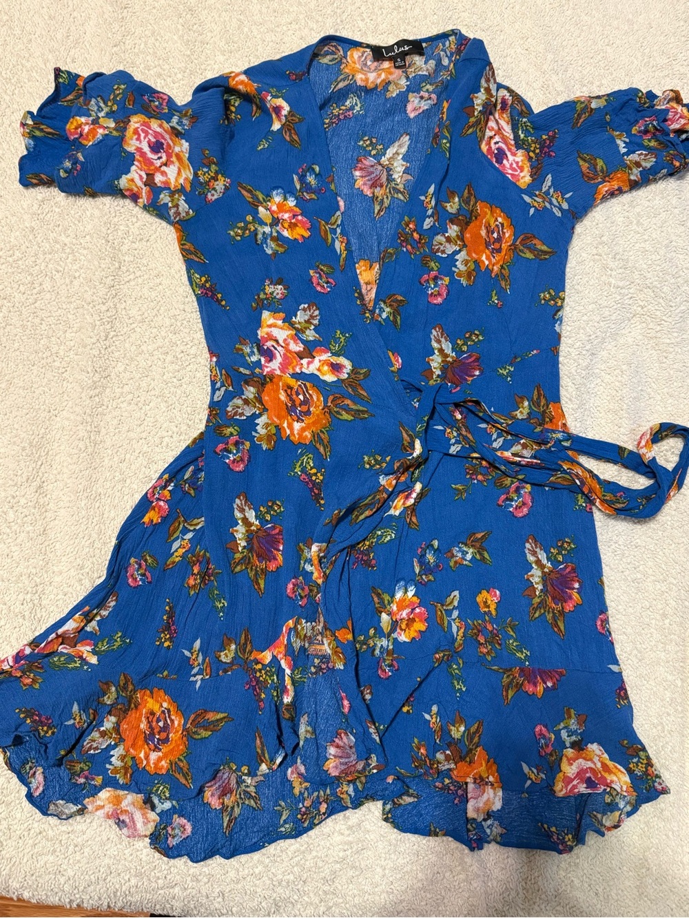 Lulu's Royal Blue Floral Wrap Dress with Orange and Pink Blooms